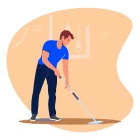 Illustration d’un homme portant un t-shirt bleu et passant l’aspirateur